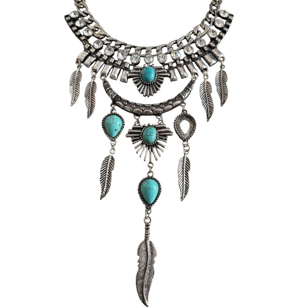 Idyllwind Miranda Lambert Silver Tone Turquoise Feather Bib Statement Necklace - Picture 5 of 7
